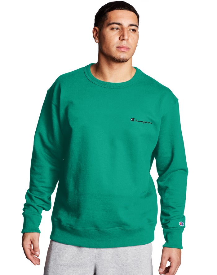 Champion Mens Sweatshirt NZ - Powerblend Fleece Crew Script Logo Green ( 1724-UHKCQ )